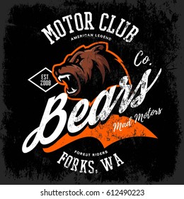 Vintage American furious bear bikers club tee print vector design. Forks, Washington street wear t-shirt emblem. Premium quality wild animal superior logo concept illustration.