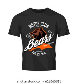 Vintage American furious bear bikers club tee print vector design isolated on black t-shirt mockup. Forks street wear t-shirt emblem. Premium quality wild animal superior logo concept illustration.