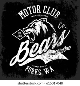 Vintage American furious bear bikers club tee print vector design. Forks, Washington street wear t-shirt emblem. Premium quality wild animal superior logo concept illustration.
