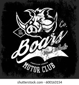 Vintage American furious boar bikers club tee print vector design isolated on dark background. Street wear t-shirt emblem. Premium quality wild pig animal superior logo concept illustration.