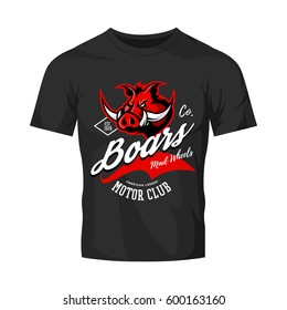 Vintage American furious boar bikers club tee print vector design isolated on black t-shirt mockup. Street wear t-shirt emblem. Premium quality wild pig animal superior logo concept illustration.