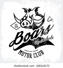 Vintage American furious boar bikers club tee print vector design isolated on white background. Street wear t-shirt emblem. Premium quality wild pig animal superior logo concept illustration.