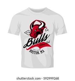 Vintage American furious bull bikers club tee print vector design isolated on white t-shirt mockup. Boston street wear t-shirt emblem. Premium quality wild animal superior logo concept illustration.