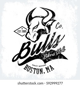 Vintage American furious bull bikers club tee print vector design. Massachusetts, Boston street wear t-shirt emblem. Premium quality wild animal superior logo concept illustration.