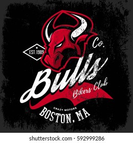 Vintage American furious bull bikers club tee print vector design. Massachusetts, Boston street wear t-shirt emblem. Premium quality wild animal superior logo concept illustration.