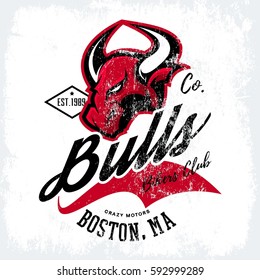 Vintage American furious bull bikers club tee print vector design. Massachusetts, Boston street wear t-shirt emblem. Premium quality wild animal superior logo concept illustration.