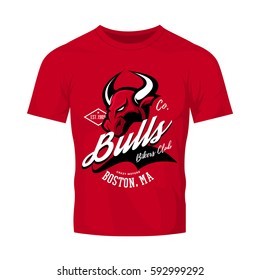 Vintage American furious bull bikers club tee print vector design isolated on red t-shirt mockup.  Boston street wear t-shirt emblem. Premium quality wild animal superior logo concept illustration.