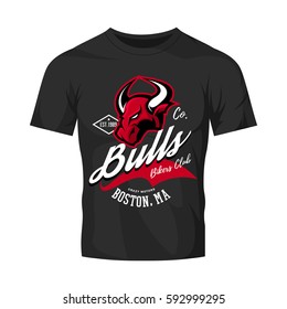 Vintage American furious bull bikers club tee print vector design isolated on black t-shirt mockup. Boston street wear t-shirt emblem. Premium quality wild animal superior logo concept illustration.