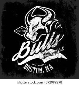 Vintage American furious bull bikers club tee print vector design. Massachusetts, Boston street wear t-shirt emblem. Premium quality wild animal superior logo concept illustration.