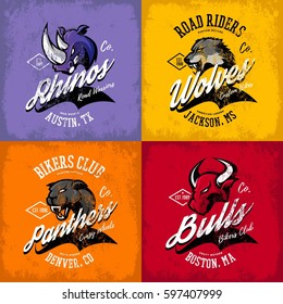 Vintage American furious bull, wolf, panther, rhino bikers club tee print vector design. 
Street wear t-shirt emblem. Premium quality wild animal superior logo concept illustration.