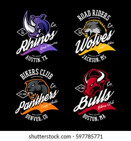 Vintage American furious bull, wolf, panther, rhino bikers club tee print vector design. 
Street wear t-shirt emblem. Premium quality wild animal superior logo concept illustration.