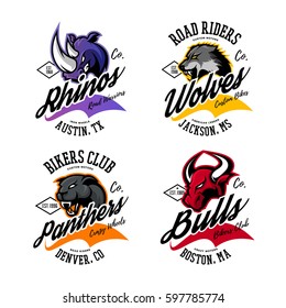 Vintage American furious bull, wolf, panther, rhino bikers club tee print vector design. Modern street wear t-shirt emblem. Premium quality wild animal superior logo concept illustration.