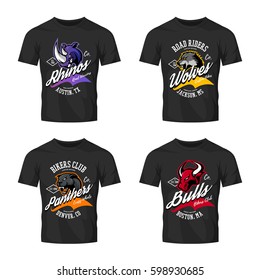 Vintage American furious bull, wolf, panther, rhino bikers club tee print vector design isolated on black t-shirt mockup. Street wear t-shirt emblem. Wild animal superior logo concept illustration.