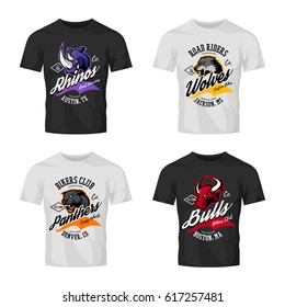 Vintage American furious bull, wolf, panther, rhino bikers club tee print vector design isolated on t-shirt mockup. Street wear t-shirt emblem. Wild animal superior logo concept illustration.