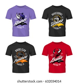Vintage American furious bull, wolf, panther, rhino bikers club tee print vector design isolated on t-shirt mockup. Street wear t-shirt emblem. Wild animal superior mascot logo concept illustration.