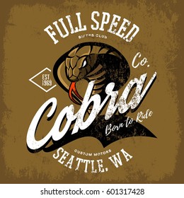 Vintage American furious cobra bikers club tee print vector design isolated on khaki background. Seattle street wear t-shirt emblem. Premium quality wild snake superior logo concept illustration.