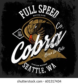 Vintage American furious cobra bikers club tee print vector design isolated on dark background. Seattle street wear t-shirt emblem. Premium quality wild snake superior logo concept illustration.