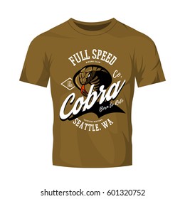 Vintage American furious cobra bikers club tee print vector design isolated on khaki t-shirt mockup. Seattle street wear t-shirt emblem. Premium quality wild snake superior logo concept illustration.