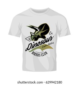 Vintage American furious dinosaur bikers club tee print vector design isolated on white t-shirt mockup. Street wear t-shirt emblem. Premium quality wild reptile mascot logo concept illustration.