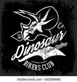 Vintage American furious dinosaur bikers club tee print vector design. Savage monster street wear t-shirt emblem. Premium quality wild reptile superior mascot logo concept illustration.