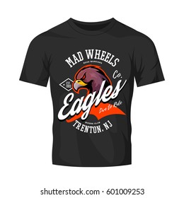 Vintage American furious eagle bikers club tee print vector design isolated on black t-shirt mockup. Trenton street wear t-shirt emblem. Premium quality wild bird superior logo concept illustration.