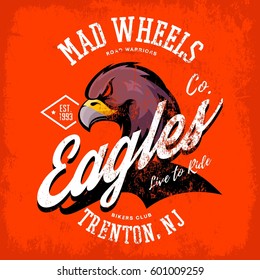Vintage American furious eagle bikers club tee print vector design. Trenton, New Jersey street wear t-shirt emblem. Premium quality wild bird superior logo concept illustration.