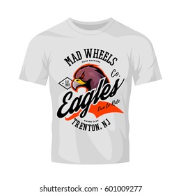 Vintage American furious eagle bikers club tee print vector design isolated on white t-shirt mockup. Trenton street wear t-shirt emblem. Premium quality wild bird superior logo concept illustration.