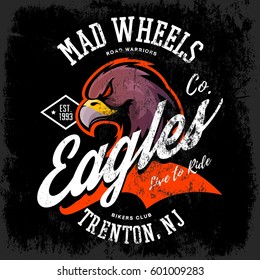 Vintage American furious eagle bikers club tee print vector design. Trenton, New Jersey street wear t-shirt emblem. Premium quality wild bird superior logo concept illustration.