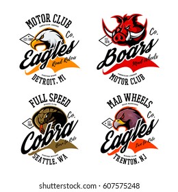 Vintage American furious eagle, boar and cobra bikers club tee print vector design set. Street wear t-shirt emblem. Premium quality wild animal, snake and bird superior logo concept illustration.