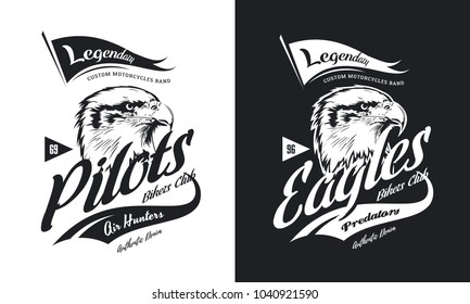 Vintage American furious eagle custom bikes motor club t-shirt black and white isolated vector logo. Premium quality bikers band logotype tee-shirt emblem illustration. Street wear tee print design.