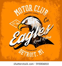 Vintage American furious eagle custom bike motor club tee print vector design. 
Michigan, Detroit street wear t-shirt emblem. Premium quality wild bird superior logo concept illustration.