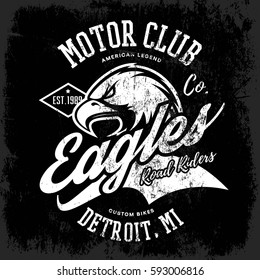 Vintage American furious eagle custom bike motor club tee print vector design. 
Michigan, Detroit street wear t-shirt emblem. Premium quality wild bird superior logo concept illustration.