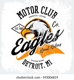 Vintage American furious eagle custom bike motor club tee print vector design. Michigan, Detroit street wear t-shirt emblem. Premium quality wild bird superior logo concept illustration.