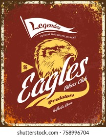 Vintage American furious eagle custom bikes motor club t-shirt vector logo on red background. Premium quality bikers band logotype tee-shirt emblem illustration. Street wear retro tee print design.