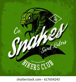 Vintage American furious green snake bikers club tee print vector design. Street wear t-shirt emblem. Premium quality wild animal superior logo concept illustration.
