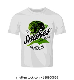 Vintage American furious green snake bikers club tee print vector design isolated on white t-shirt mockup. Street wear t-shirt emblem. Premium quality wild animal superior logo concept illustration.