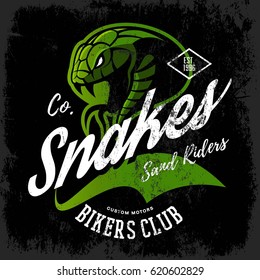 Vintage American furious green snake bikers club tee print vector design. Street wear t-shirt emblem. Premium quality wild animal superior logo concept illustration.