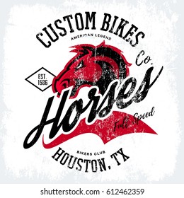 Vintage American furious horse bikers club tee print vector design. Houston, Texas street wear t-shirt emblem. Premium quality wild animal superior logo concept illustration.