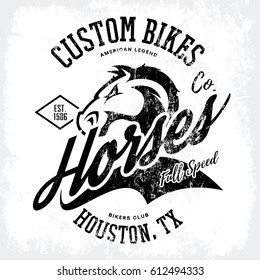 Vintage American furious horse bikers club tee print vector design. Houston, Texas street wear t-shirt emblem. Premium quality wild animal superior logo concept illustration.