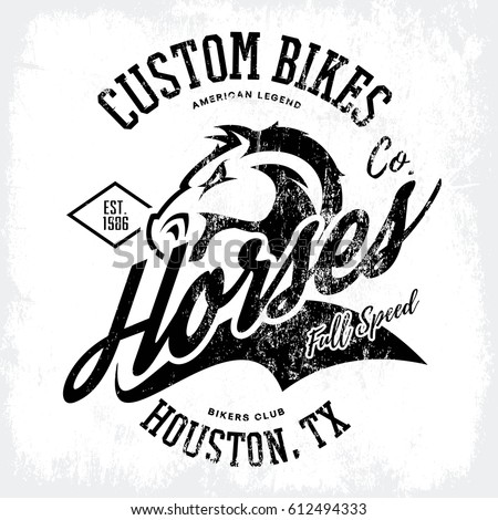 Vintage American furious horse bikers club tee print vector design. Houston, Texas street wear t-shirt emblem. Premium quality wild animal superior logo concept illustration.