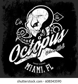 Vintage American furious octopus bikers club mono tee print vector design isolated on dark background. Street wear t-shirt emblem. Premium quality wild mollusk superior logo concept illustration.