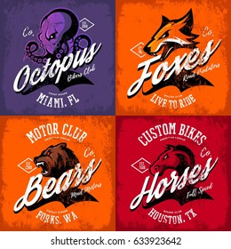 Vintage American furious octopus, fox, bear, horse bikers club tee print vector design set. Street wear mascot t-shirt emblem. Premium quality wild animal superior logo concept illustration.