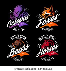 Vintage American furious octopus, fox, bear, horse bikers club tee print vector design set. Street wear mascot t-shirt emblem. Premium quality wild animal superior logo concept illustration.
