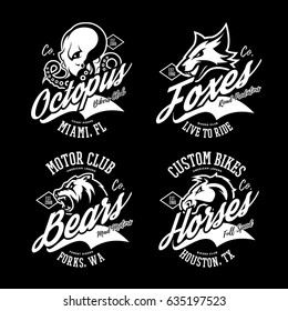 Vintage American furious octopus, fox, bear, horse bikers club tee print vector design set. Street wear mascot t-shirt emblem. Premium quality wild animal superior logo concept illustration.