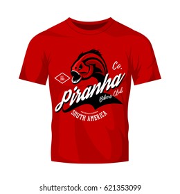 Vintage American furious piranha bikers club tee print vector design isolated on red t-shirt mockup. Street wear t-shirt emblem. Premium quality fearsome fish superior logo concept illustration.