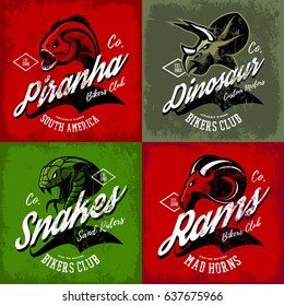 Vintage American furious piranha, dinosaur, snake, ram bikers gang club tee print vector design set. Street wear mascot head t-shirt emblem. Premium quality wild animal superior logo illustration.