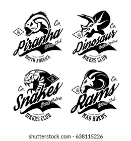 Vintage American furious piranha, dinosaur, snake, ram bikers gang club tee print vector design set. Street wear mascot head t-shirt emblem. Premium quality wild animal superior logo illustration.