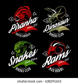 Vintage American furious piranha, dinosaur, snake, ram bikers gang club tee print vector design set. Street wear mascot head t-shirt emblem. Premium quality wild animal superior logo illustration.