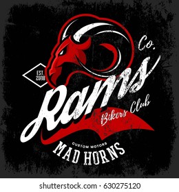 Vintage American furious ram bikers club tee print vector design isolated on black background. Street wear t-shirt emblem. Premium quality wild animal superior mascot logo concept illustration.