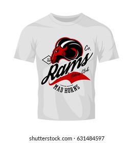 Vintage American furious ram bikers club tee print vector design isolated on white t-shirt mockup. Street wear t-shirt emblem. Premium quality wild animal superior mascot logo concept illustration.